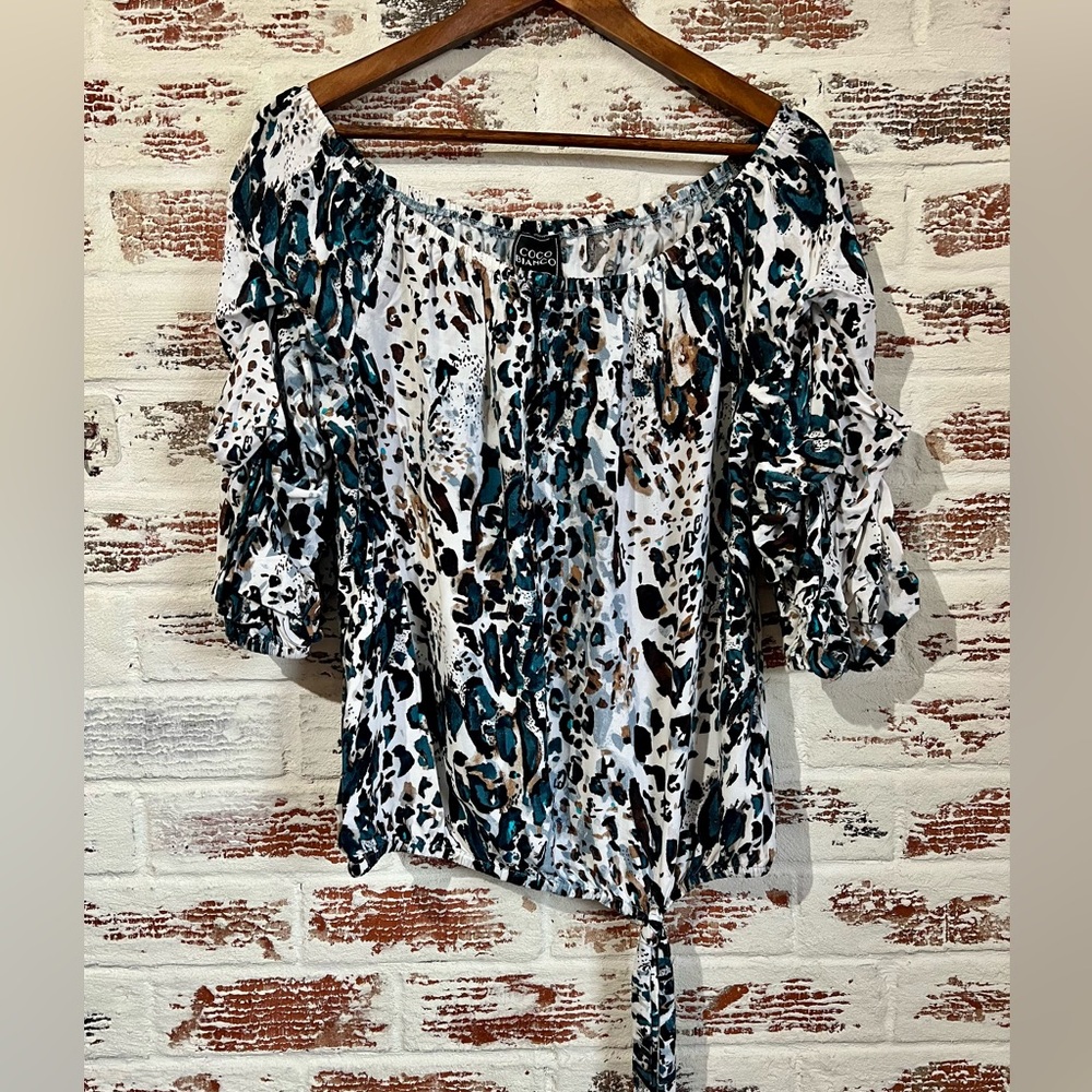 Coco Bianco Blouse Ruched Frill Sleeves Animal Print Peasant Tie Front Rayon M
